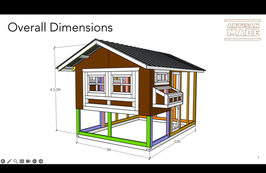 Dimensions of a small house model with Artisan Made branding.